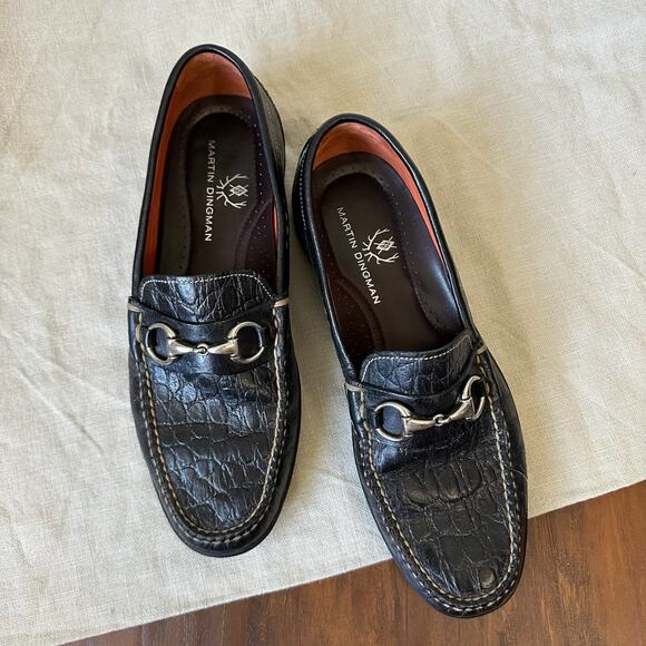 MARTIN DINGMAN Driving Loafers Black Croc Embossed Leather Horse Bit - Picture 1 of 10